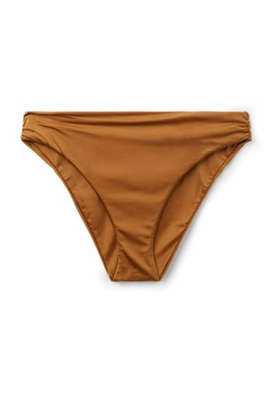 Brune bikiniunderdel til kvinder med rynkede elastiske sider, vist fladt på hvid baggrund.