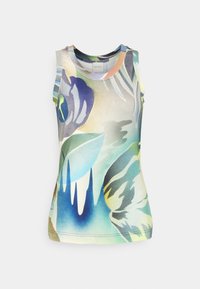 Bezrękawnik z kwiatowym nadrukiem w odcieniach niebieskiego, zielonego i delikatnych pasteli. Wykonany z lekkiego materiału o gładkiej fakturze, dopasowany fason.