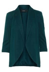 Blazer color turchese con collo sciallato, maniche a tre quarti e una texture morbida. Senza bottoni, presenta un'apertura frontale e una fodera liscia.