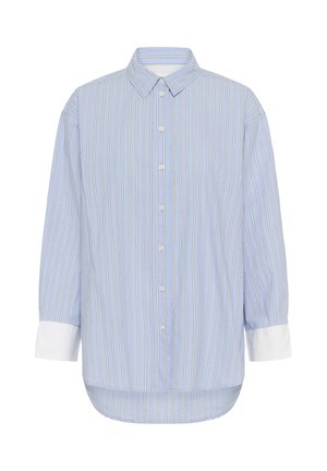 Camicia azzurro chiaro con bottoni, strisce verticali bianche e arancioni, maniche lunghe con polsini bianchi e orlo arrotondato. Tessuto in cotone.