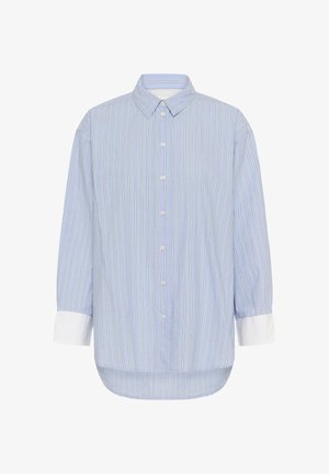 Camicia azzurro chiaro con bottoni, strisce verticali bianche e arancioni, maniche lunghe con polsini bianchi e orlo arrotondato. Tessuto in cotone.