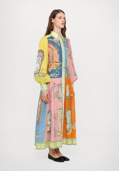 Colorful maxi dress featuring blue, pink, yellow, and orange panels with detailed illustrations, long sleeves, and button-up collar.