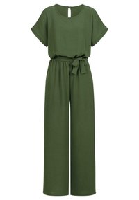 Olive green wide-leg jumpsuit with short sleeves, round neckline, elastic waist, and matching fabric tie belt.