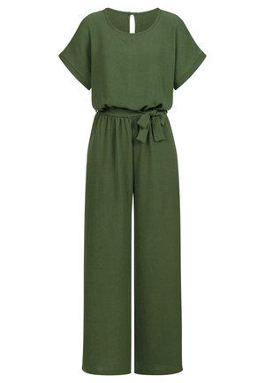 Olivenfarbener weit geschnittener Jumpsuit mit kurzen Ärmeln, rundem Ausschnitt, elastischem Bund und passendem Stoffgürtel.