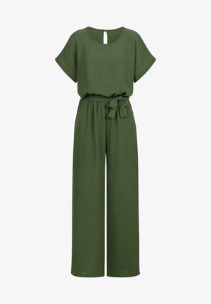 Olivkowy kombinezon o szerokich nogawkach, z krótkimi rękawami, okrągłym dekoltem, elastycznym pasem i pasującym paskiem z materiału.