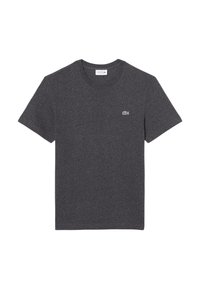 T-shirt grigio scuro realizzato in tessuto morbido, con collo rotondo e maniche corte, e un piccolo logo ricamato sul lato sinistro.