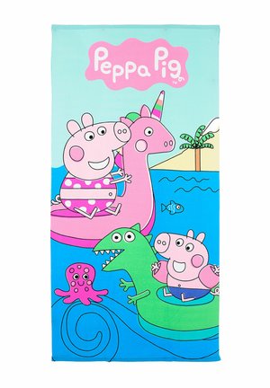 Two Peppa Pig characters float on inflatable unicorn and dinosaur in water near a palm tree and pink octopus with "Peppa Pig" text above.