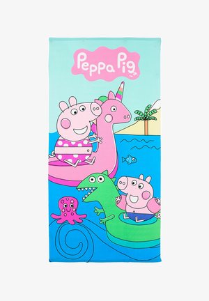 Dwie postaci z Peppa Pig unoszą się na nadmuchiwanym jednorożcu i dinozaurze w wodzie w pobliżu palmy i różowego ośmiornica z napisem "Peppa Pig" powyżej.