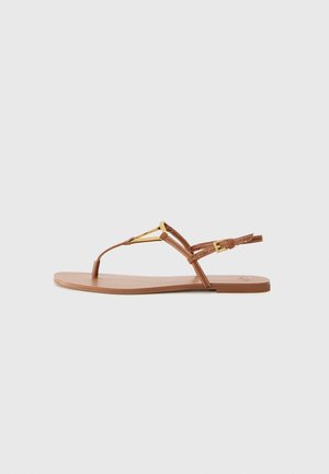 Brown flat sandals featuring a slim design, thongstyle straps, gold hardware accents, and a smooth, matte sole.