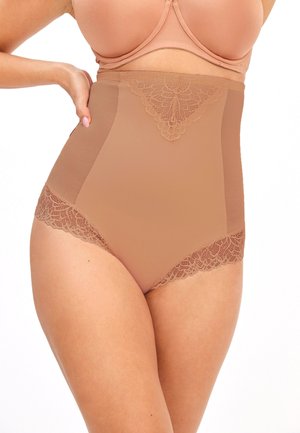Beige high-waisted shapewear shorts met doorschijnende zijkanten en bloemige kantafwerking langs de beenopeningen. Voelt glad aan over de gehele oppervlakte.