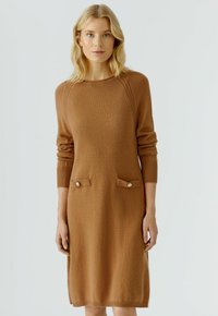Braunes Strickkleid mit langen Ärmeln, rundem Ausschnitt und zwei vorderen Taschen mit Knopfakzenten. Weiche Textur und gerippte Saumdetails.