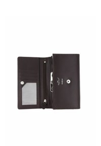 Portefeuille en cuir marron foncé ouvert, montrant une fenêtre d'identité claire, trois emplacements pour cartes, un compartiment zippé et une fermeture à bouton-pression avec protection RFID.