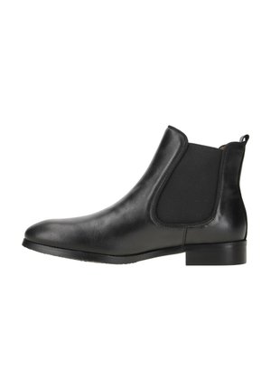 Schwarze Leder-Ankle-Boots mit elastischen seitlichen Einsätzen, runder Zehenform und niedrigem, gestapeltem Absatz. Glatte Textur, elegantes Design.