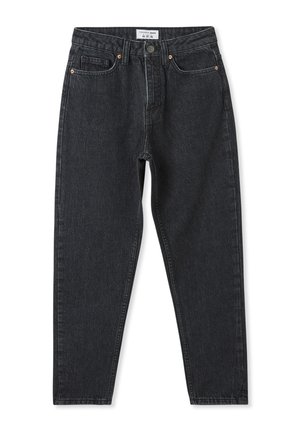 Jeans in denim nero con design a gamba dritta, stile a cinque tasche, zip frontale e chiusura con bottone in metallo. Texture scolorita e cuciture sottili.