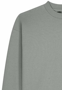 Sweat-shirt gris clair à manches longues avec encolure ronde, couture d'épaule visible et col côtelé, présenté sur un fond blanc.