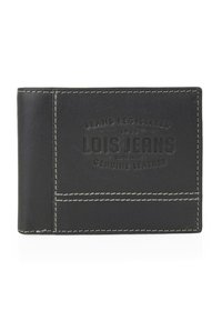 Billetera de cuero genuino negro con el logo en relieve de "Lois Jeans" y detalles de costura blanca. Presenta una textura suave y ranuras para tarjetas en horizontal.