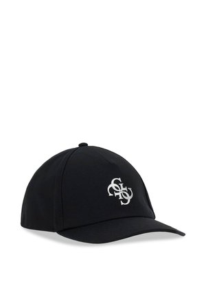 Casquette de baseball noire avec une visière incurvée ornée de lettres blanches brodées entrelacées sur le panneau avant.