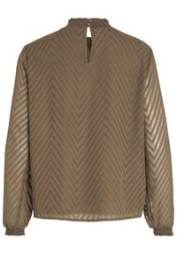 Blouse marron transparente à manches longues avec motif chevrons, poignets élastiques et petite ouverture goutte d'eau à l'arrière de l'encolure.