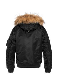 Czarna kurtka bomberka z odpinanym kapturem wykończonym sztucznym futerkiem w kolorze beżowym, zapinana na suwak, z prążkowanymi mankietami i bocznymi kieszeniami, o gładkiej, błyszczącej fakturze.