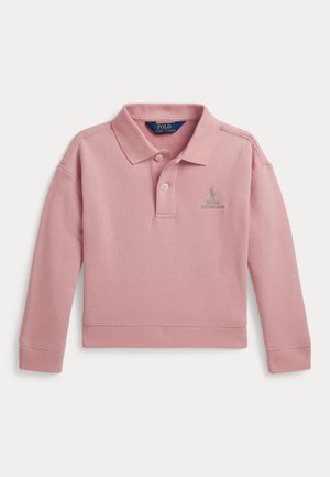 Pull Polo Ralph Lauren rose à manches longues, avec deux boutons, poignets et ourlet côtelés, et logo brodé sur la poitrine gauche.