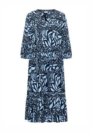 Midišaty s dlouhým rukávem a vzorem z abstraktních květin a geometrických tvarů v světle modré a černé, kulatý výstřih s malým V-rozparkem.