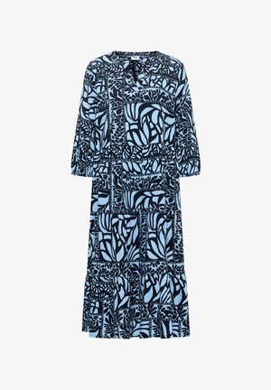 Midišaty s dlouhým rukávem a vzorem z abstraktních květin a geometrických tvarů v světle modré a černé, kulatý výstřih s malým V-rozparkem.