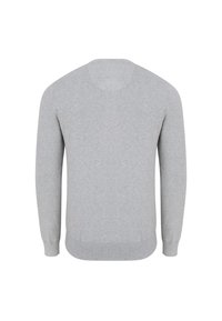 Szary sweter z długimi rękawami, okrągłym dekoltem i prążkowanymi mankietami. Wykonany z miękkiej tkaniny, charakteryzuje się gładką teksturą i prostym designem.