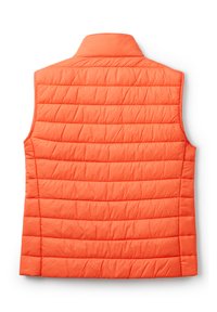 Gilet imbottito arancione con collo alto, texture a righe orizzontali e design senza maniche. Nessun fissaggio o dettaglio visibile.