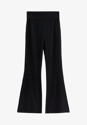 Black flared pants made from soft fabric, featuring a wide, elastic waistband and a smooth texture with no visible patterns or accents.