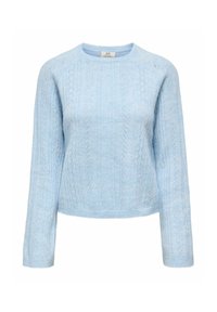 Pull tricoté bleu clair avec un col rond, des manches longues et des motifs texturés comprenant des losanges et des lignes horizontales.