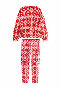 Ensemble de pyjama rouge avec un motif en diamants et des accents verts, accompagné de nœuds. Le matériau semble lisse et élastique aux poignets et à la taille.