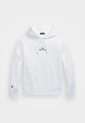 Weißer Kapuzenpullover mit Kängurutasche, Zugband und gesticktem "Polo Ralph Lauren"-Logo auf der Brust. Schwarzes Logo auf dem Ärmel.