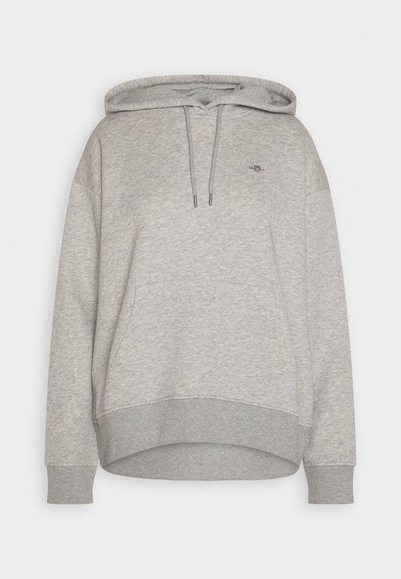 Sweatshirt gris en tissu doux et texturé, avec une capuche à cordon de serrage, une poche avant et un petit logo sur la poitrine.