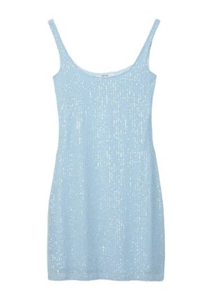 Lyseblå ærmeløs minikjole med tynde stropper og diskrete pailletbeskæringer over hele.