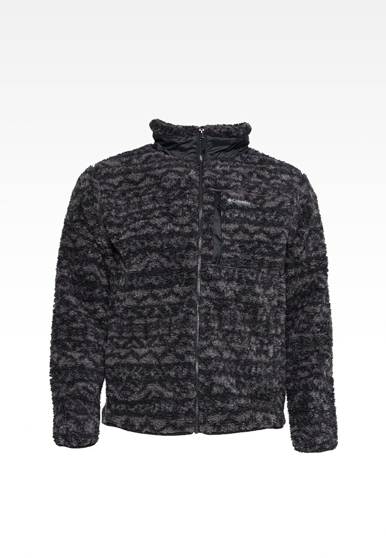 Schwarze und graue strukturierte Fleecejacke mit vollem Frontreißverschluss und zippered Brusttasche, ausgestattet mit einem kleinen Columbia-Logo auf der linken Brust.