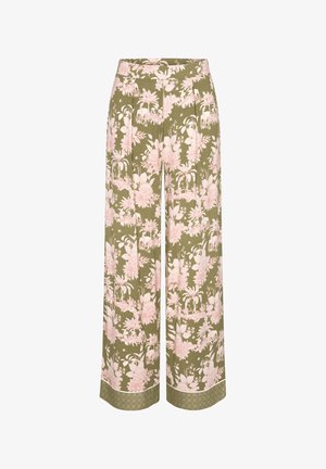 Spodnie o szerokich nogawkach w oliwkowozielonym materiale z różowym kwiatowym wzorem. Posiadają wysoką talię i ozdobny wzór przy mankietach.