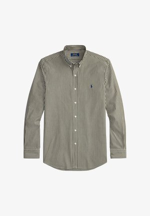 Chemise à boutons pour homme avec rayures verticales vert foncé et blanches, en coton, dotée d'un col pointu et d'un petit logo brodé sur la poitrine.