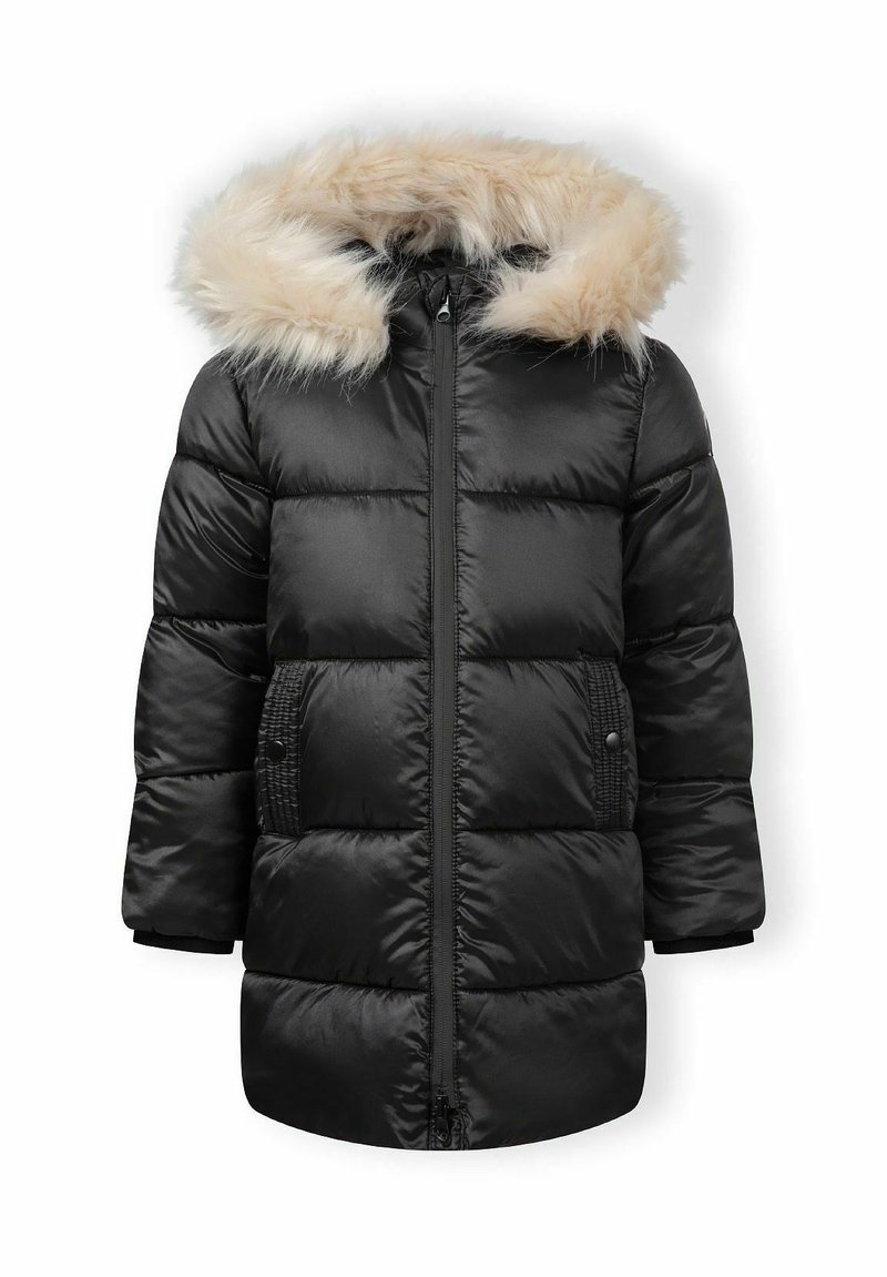 Čierna prešívaná bunda s kapucňou lemovanou umelou kožušinou. Obsahuje predný zips, bočné vrecká a prešívané časti na izoláciu.