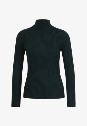 Ribbený rolák v tmavozelenej farbe. Má dlhé rukávy a priliehavý strih s textúrovaným povrchom. Bez viditeľného loga alebo ozdôb.