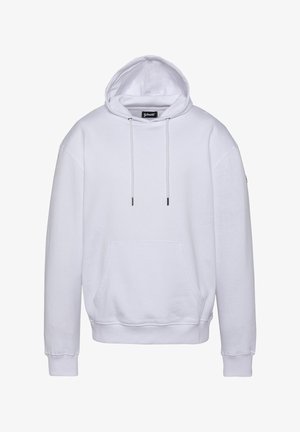 Biały hoodie wykonany z miękkiego materiału, z kieszenią z przodu, regulowanym kapturem na sznurku oraz ściągaczami przy mankietach i dolnej krawędzi. Prosty design, bez wzorów.