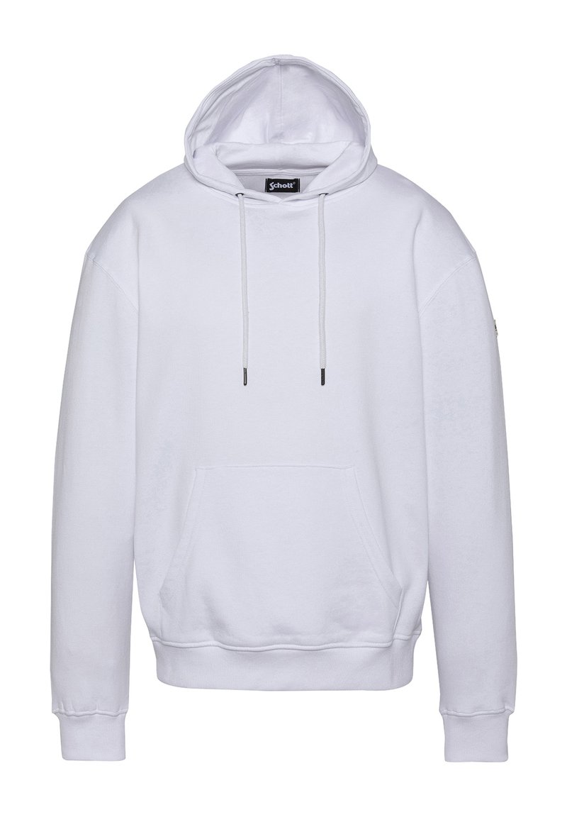 Felpa bianca realizzata in morbido tessuto con tasca frontale, cappuccio con coulisse regolabile e polsini e orlo a coste. Design semplice, senza motivi.