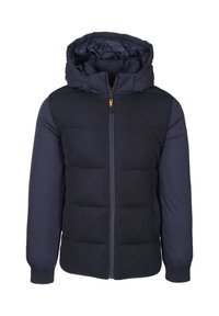 Giacca puffer blu navy con chiusura a zip, design trapuntato e cappuccio. Presenta dettagli a coste su spalle e maniche.