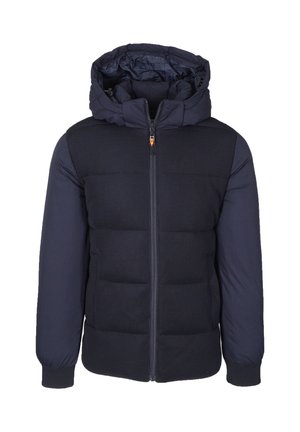 Giacca puffer blu navy con chiusura a zip, design trapuntato e cappuccio. Presenta dettagli a coste su spalle e maniche.