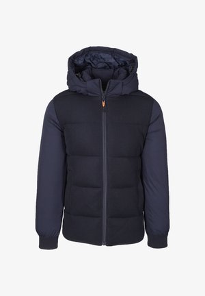 Giacca puffer blu navy con chiusura a zip, design trapuntato e cappuccio. Presenta dettagli a coste su spalle e maniche.