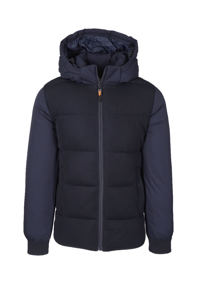 Giacca puffer blu navy con chiusura a zip, design trapuntato e cappuccio. Presenta dettagli a coste su spalle e maniche.