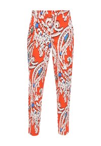 Pantalons à motifs rouges avec un design paisley en blanc, bleu et vert. Fabriqués en tissu léger et lisse avec une silhouette ajustée.
