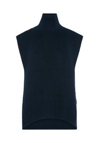 Navyblauer, ärmelloser Rollkragenpullover mit strukturierter Rippoptik, einem hohen Kragen und einem asymmetrischen Saum am unteren Ende.