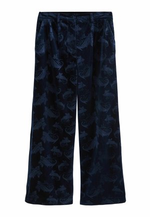 Navyblaue Velours-Hosen mit weitem Bein, versehen mit einem Blatt- und Wirbelmuster. Verfügt über einen flachen Bund und Vorderfalten. Weicher, strukturierter Stoff.