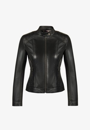 Veste en cuir noire ajustée avec fermeture éclair à l'avant, col montant avec bouton-pression et poches latérales zippées, présentée sur fond blanc uni.