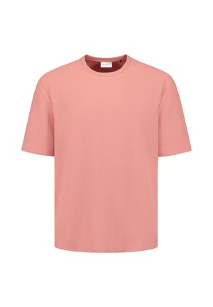 Effen T-shirt met korte mouwen en ronde hals in gedempte roze kleur met een gestructureerde stof, getoond op een witte achtergrond.